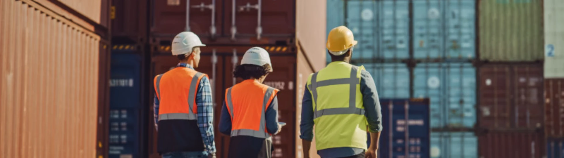 Two men & one woman in hard hats/safety vests walk away through a container terminal, with tall stacks of red/blue shipping containers behind.