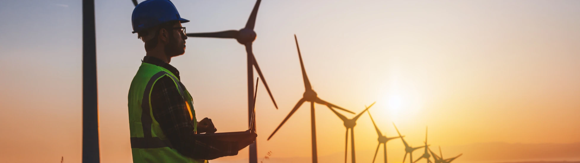 Man looking over the land with windmills