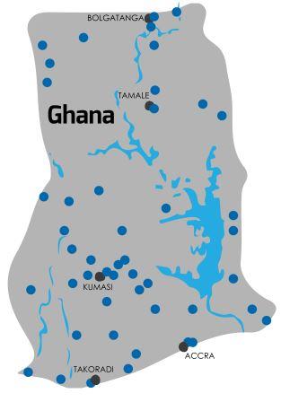 Kaart met TB klinieken in Ghana
